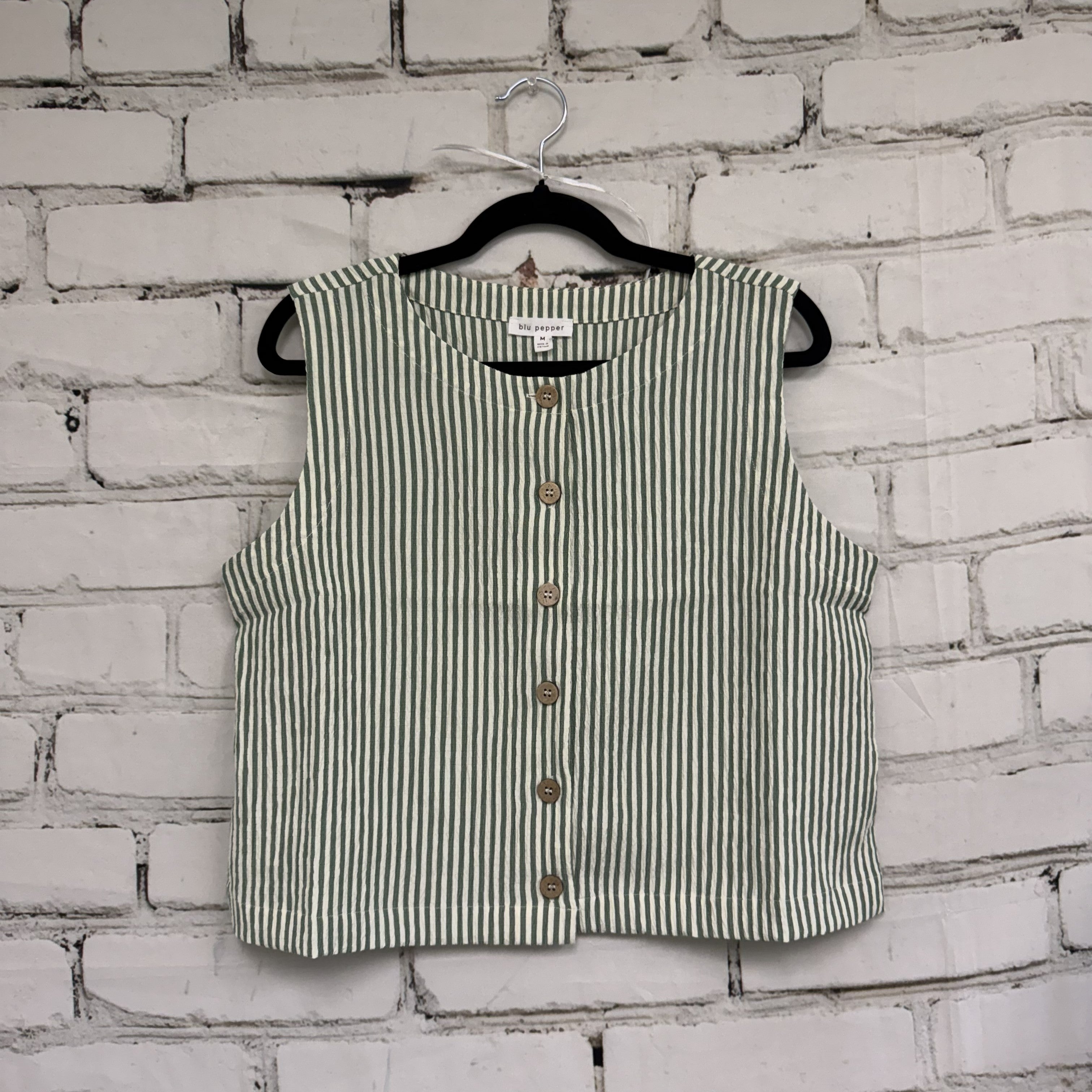 Green and White Striped Buttoned Tank Top